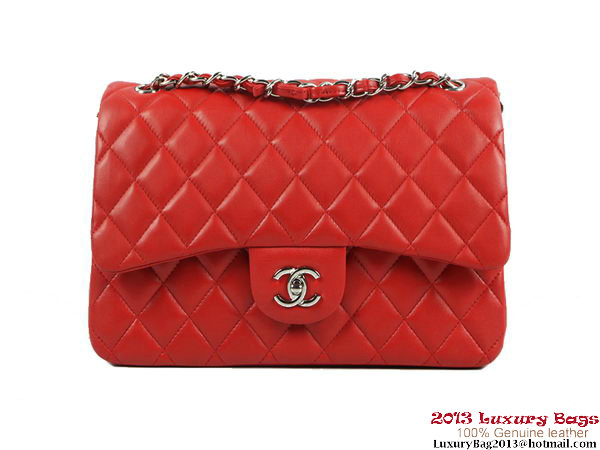 Chanel A01113 Classic Flap Bag Red Original Leather Silver