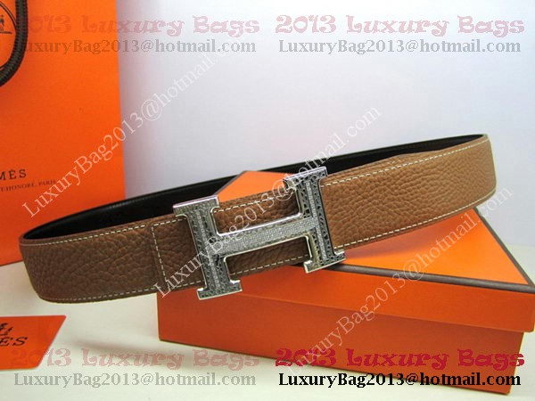 Hermes Calf Leather Diamond Belt HB118 Brown Silver Hermes Calf Leather Diamond Belt HB118 Brown Silver