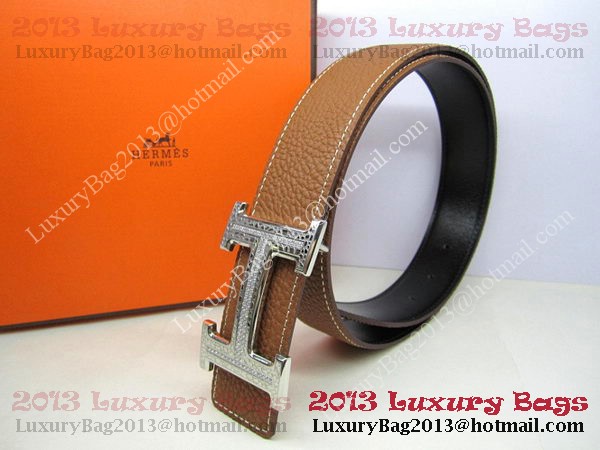 Hermes Calf Leather Diamond Belt HB118 Brown Silver Hermes Calf Leather Diamond Belt HB118 Brown Silver