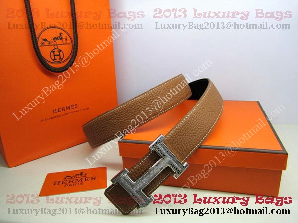 Hermes Calf Leather Diamond Belt HB118 Brown Silver Hermes Calf Leather Diamond Belt HB118 Brown Silver