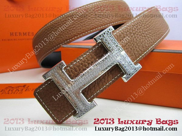Hermes Calf Leather Diamond Belt HB118 Brown Silver Hermes Calf Leather Diamond Belt HB118 Brown Silver