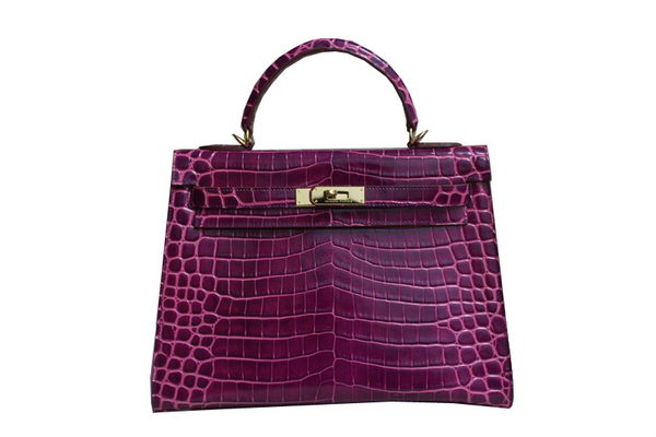 Hermes Kelly 32cm Shoulder Bag Purple Croco Patent Leather K32 Gold