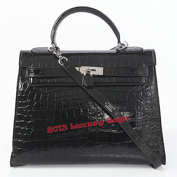 Hermes Kelly 32cm Shoulder Bags Black Iridescent Croco Leather Silver Hermes Kelly 32cm Shoulder Bags Black Iridescent Croco Leather Silver