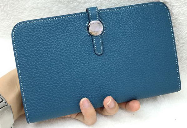 Hermes Dogon Combined Wallet Litchi Leather A508 Blue