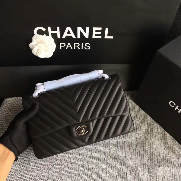 Chanel Flap Shoulder Bags Black Original Sheepskin CF1112 Silver Chanel Flap Shoulder Bags Black Original Sheepskin CF1112 Silver