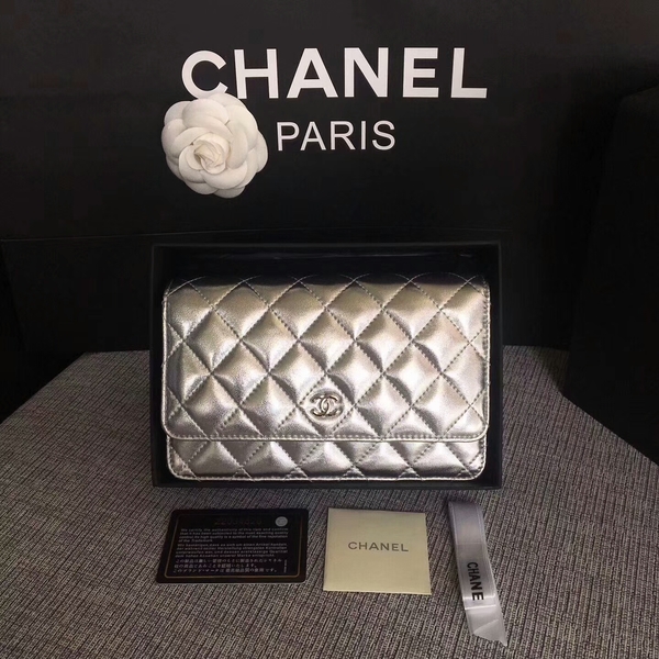 Chanel WOC Flap Bag Original Sheepskin Leather 33814B Silver Chanel WOC Flap Bag Original Sheepskin Leather 33814B Silver