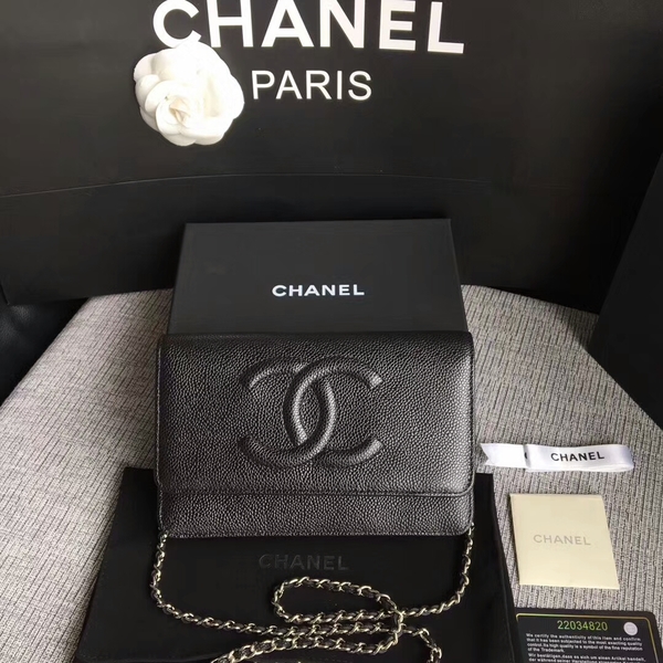 Chanel WOC Original Calfskin Leather Black Shoulder Bag 33814 Silver Chanel WOC Original Calfskin Leather Black Shoulder Bag 33814 Silver