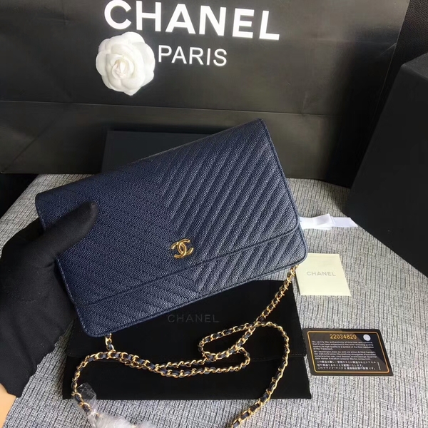 Chanel WOC Flap Shoulder Bag Dark Blue Calfskin Leather A33814 Gold Chanel WOC Flap Shoulder Bag Dark Blue Calfskin Leather A33814 Gold