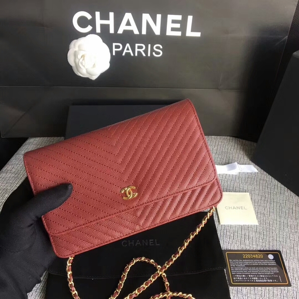 Chanel WOC Flap Shoulder Bag Dark Red Calfskin Leather A33814 Gold Chanel WOC Flap Shoulder Bag Dark Red Calfskin Leather A33814 Gold