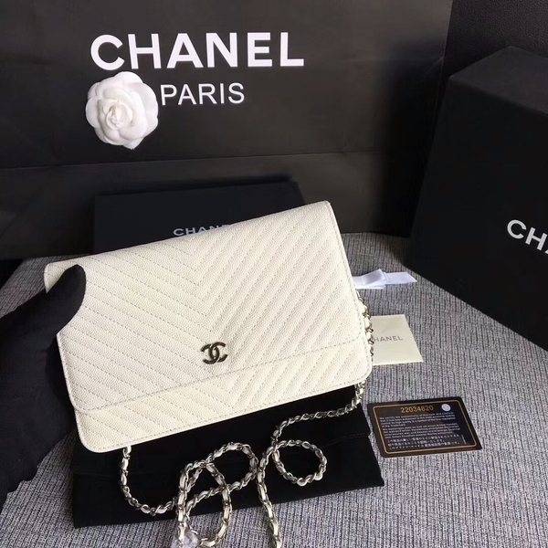 Chanel WOC Flap Shoulder Bag Offwhite Calfskin Leather A33814 Silver Chanel WOC Flap Shoulder Bag Offwhite Calfskin Leather A33814 Silver