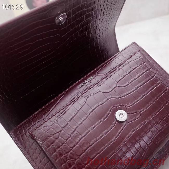 SAINT LAURENT Sunset croc-embossed leather shoulder bag 442906 Burgundy