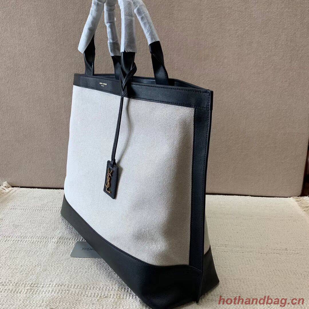 Yves Saint Laurent SHOPPING TAG IN CANVAS AND LEATHER Y615719 black&white Yves Saint Laurent SHOPPING TAG IN CANVAS AND LEATHER Y615719 black&white