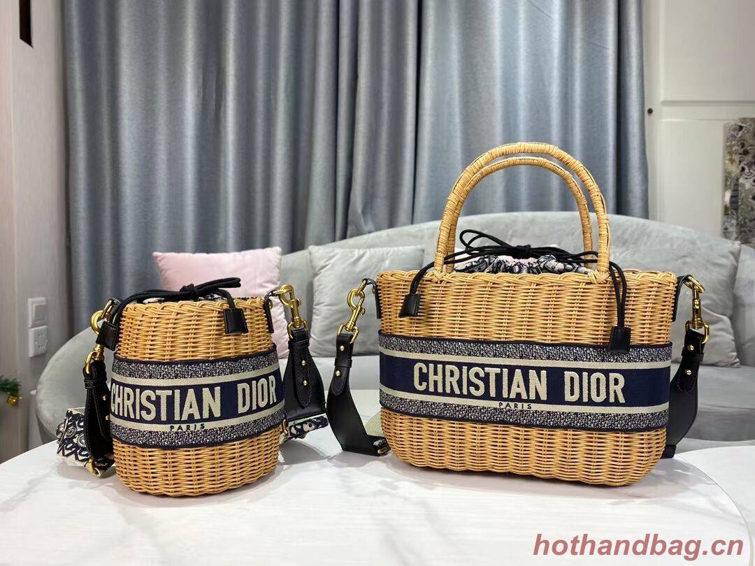 DIOR WICKER BASKET BAG Blue Dior Oblique Jacquard and Natural Wicker M7601 DIOR WICKER BASKET BAG Blue Dior Oblique Jacquard and Natural Wicker M7601