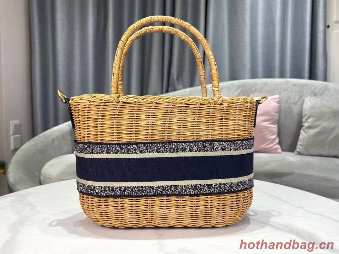 DIOR WICKER BASKET BAG Blue Dior Oblique Jacquard and Natural Wicker M7601 DIOR WICKER BASKET BAG Blue Dior Oblique Jacquard and Natural Wicker M7601