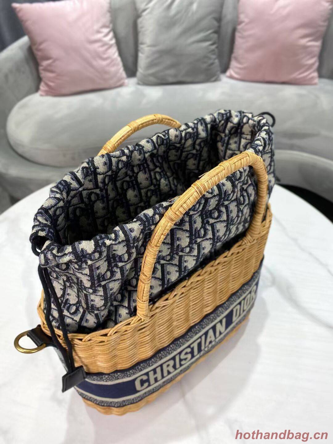 DIOR WICKER BASKET BAG Blue Dior Oblique Jacquard and Natural Wicker M7601 DIOR WICKER BASKET BAG Blue Dior Oblique Jacquard and Natural Wicker M7601
