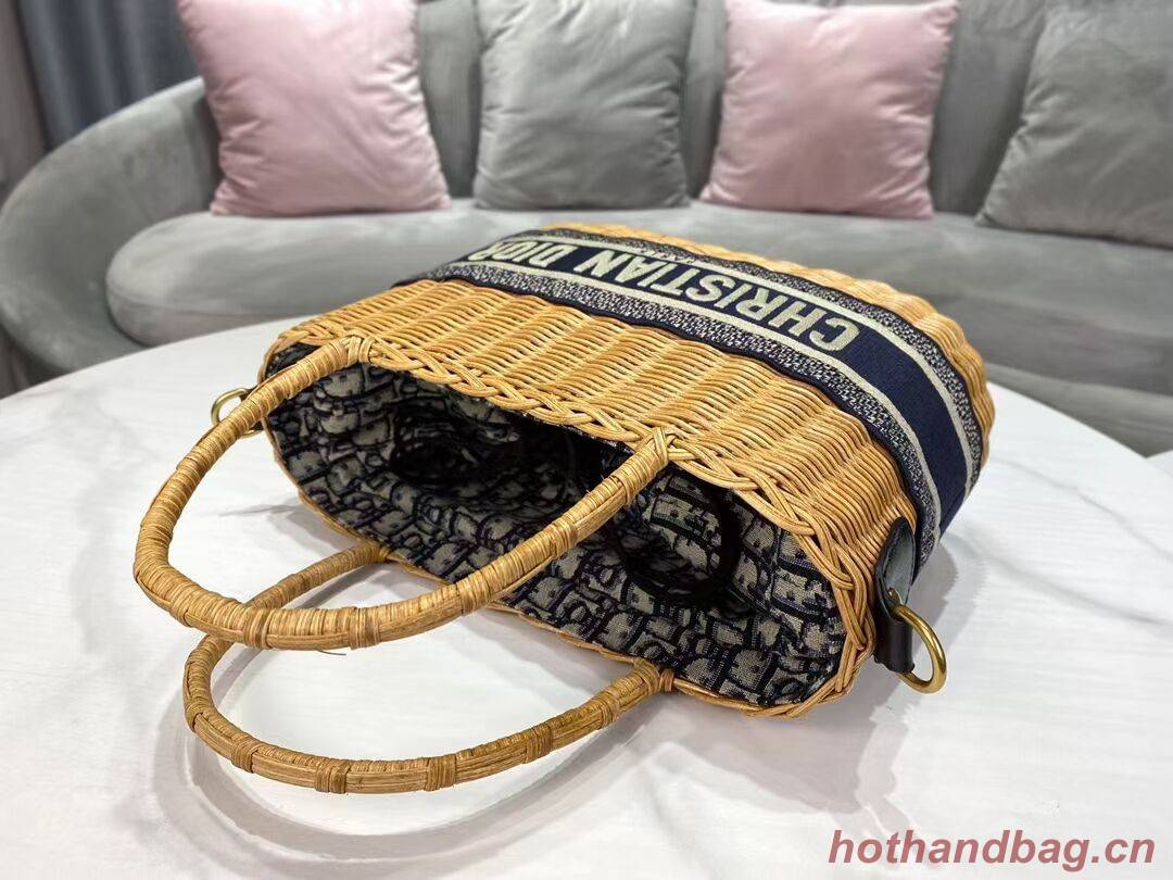 DIOR WICKER BASKET BAG Blue Dior Oblique Jacquard and Natural Wicker M7601 DIOR WICKER BASKET BAG Blue Dior Oblique Jacquard and Natural Wicker M7601