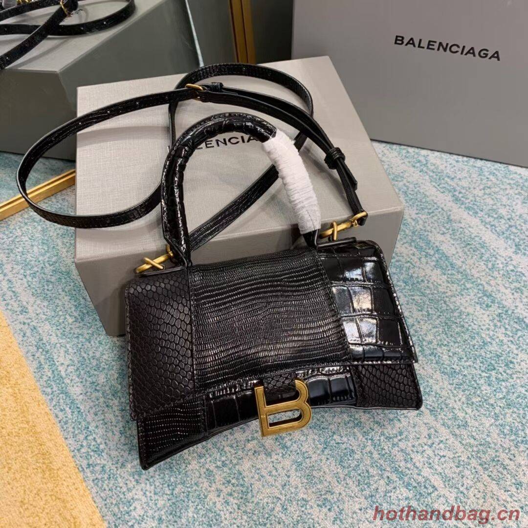 Balenciaga Hourglass XS Top Handle Bag shiny crocodile embossed calfskin B108892E black