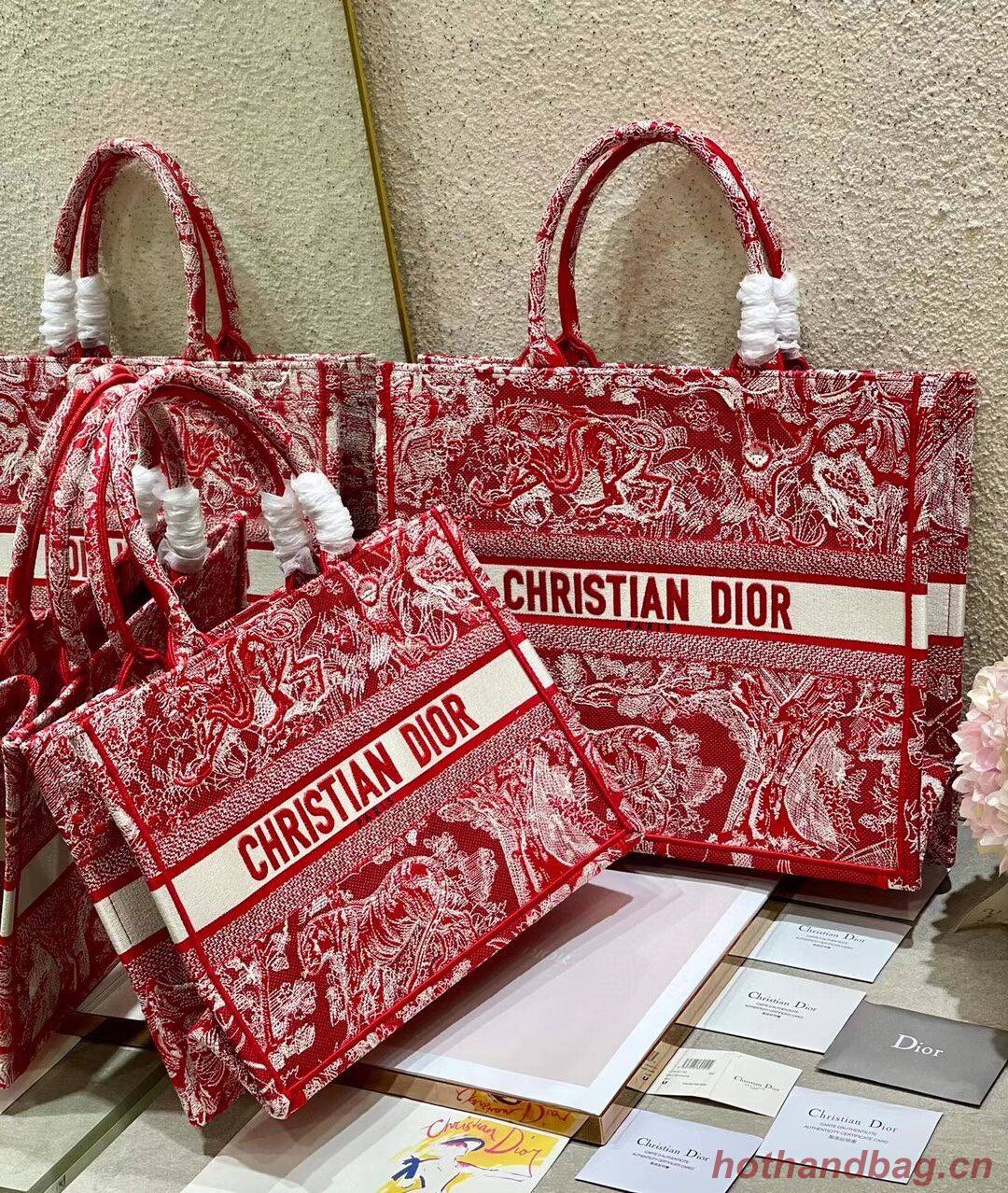 DIOR BOOK TOTE Raspberry Toile de Jouy Reverse Embroidery M1286ZR RED DIOR BOOK TOTE Raspberry Toile de Jouy Reverse Embroidery M1286ZR RED