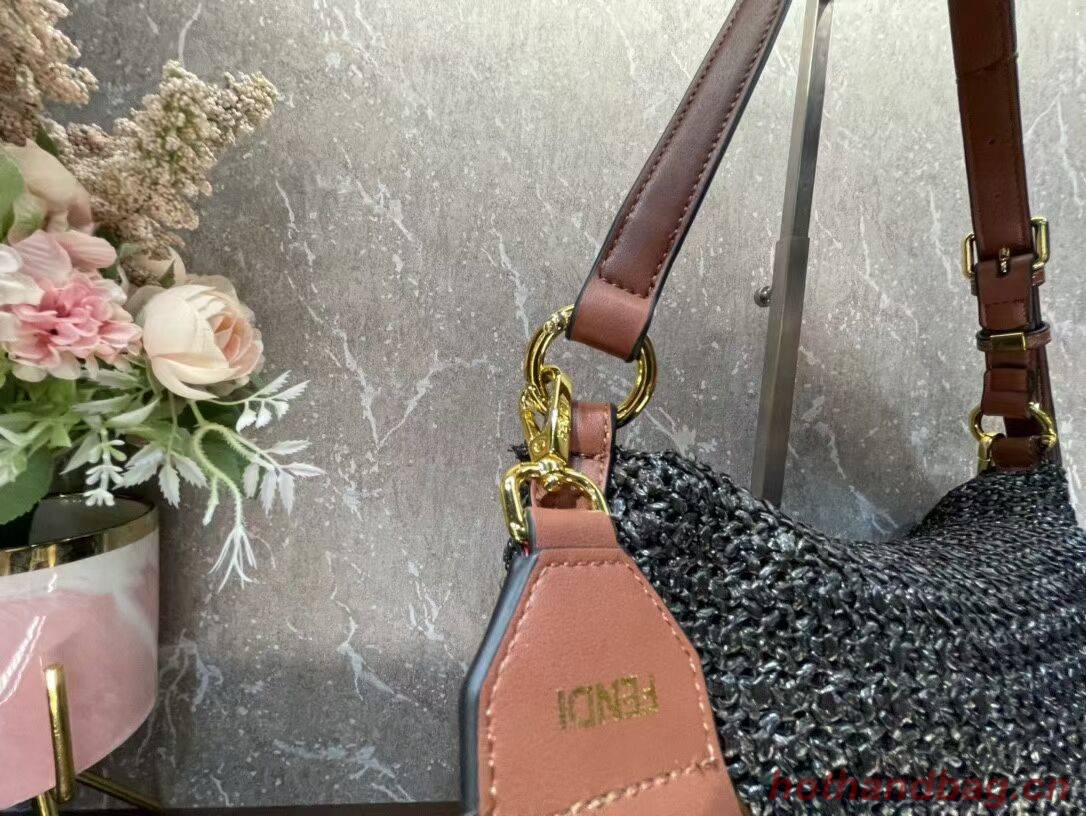 FENDI SMALL CROISSANT Woven straw bag 8BR790AFG black FENDI SMALL CROISSANT Woven straw bag 8BR790AFG black