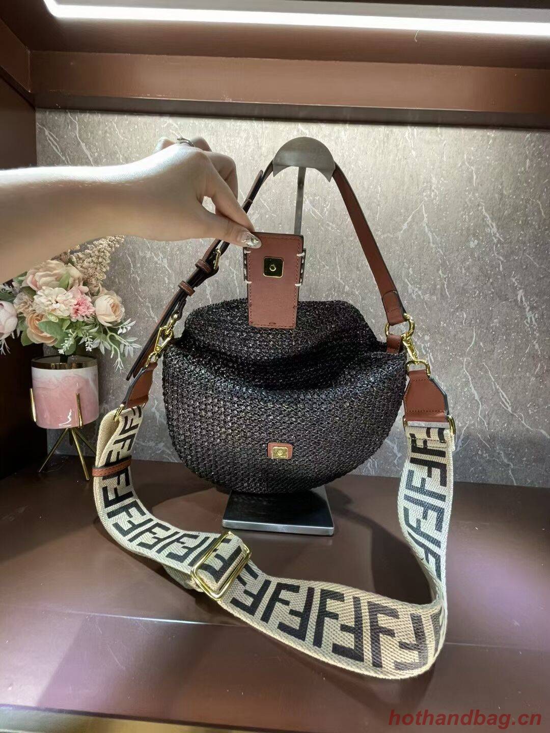 FENDI SMALL CROISSANT Woven straw bag 8BR790AFG black FENDI SMALL CROISSANT Woven straw bag 8BR790AFG black
