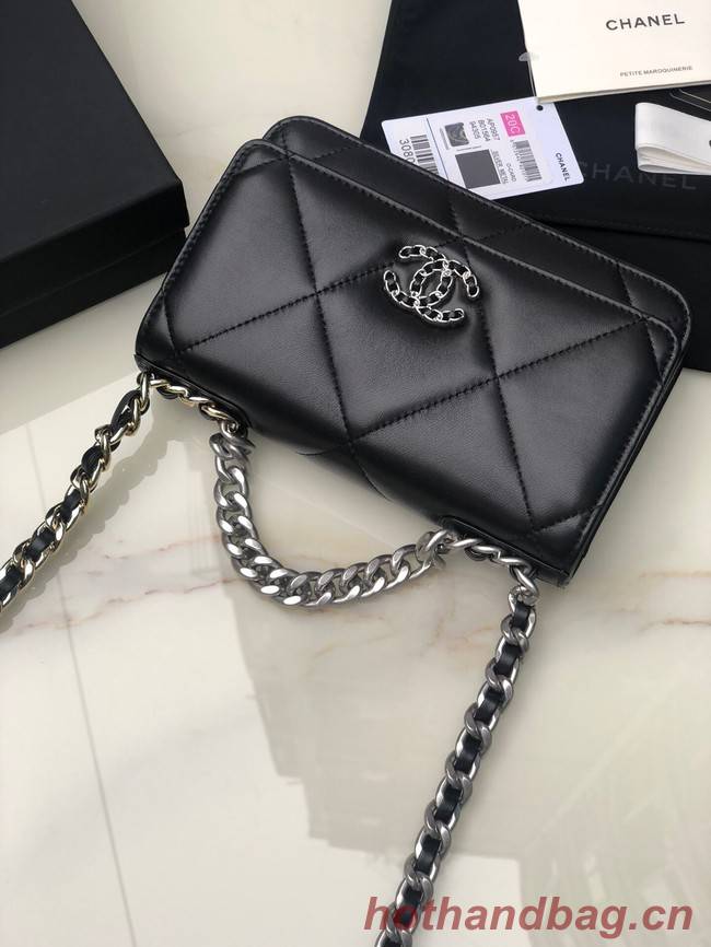Chanel 19 Classic Sheepskin Leather Chain Wallet AP0957 black& silver-Tone Metal