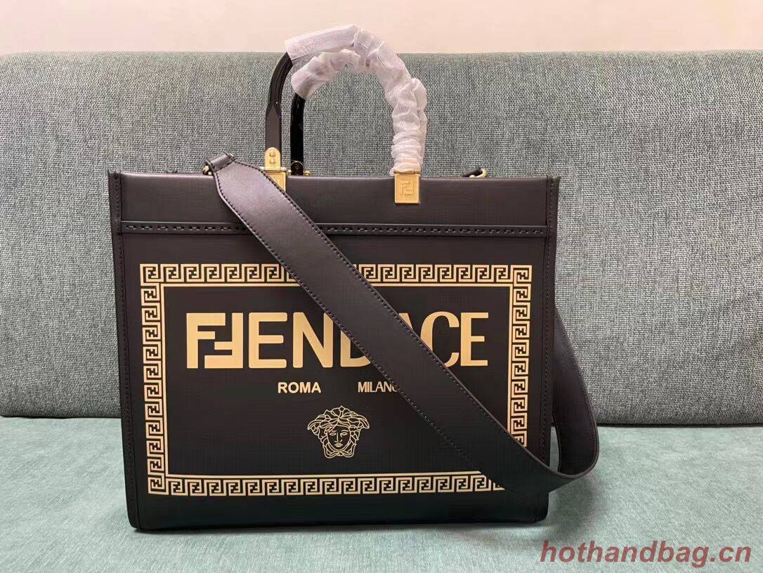 Fendi Sunshine Medium Fendace Printed black leather Logo shopper 8BH386A Fendi Sunshine Medium Fendace Printed black leather Logo shopper 8BH386A