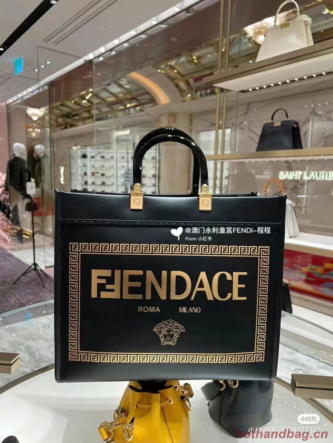 Fendi Sunshine Medium Fendace Printed black leather Logo shopper 8BH386A Fendi Sunshine Medium Fendace Printed black leather Logo shopper 8BH386A