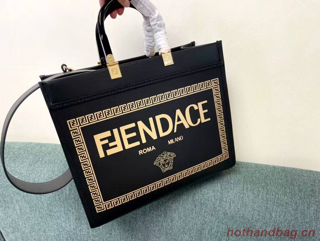 Fendi Sunshine Medium Fendace Printed black leather Logo shopper 8BH386A Fendi Sunshine Medium Fendace Printed black leather Logo shopper 8BH386A