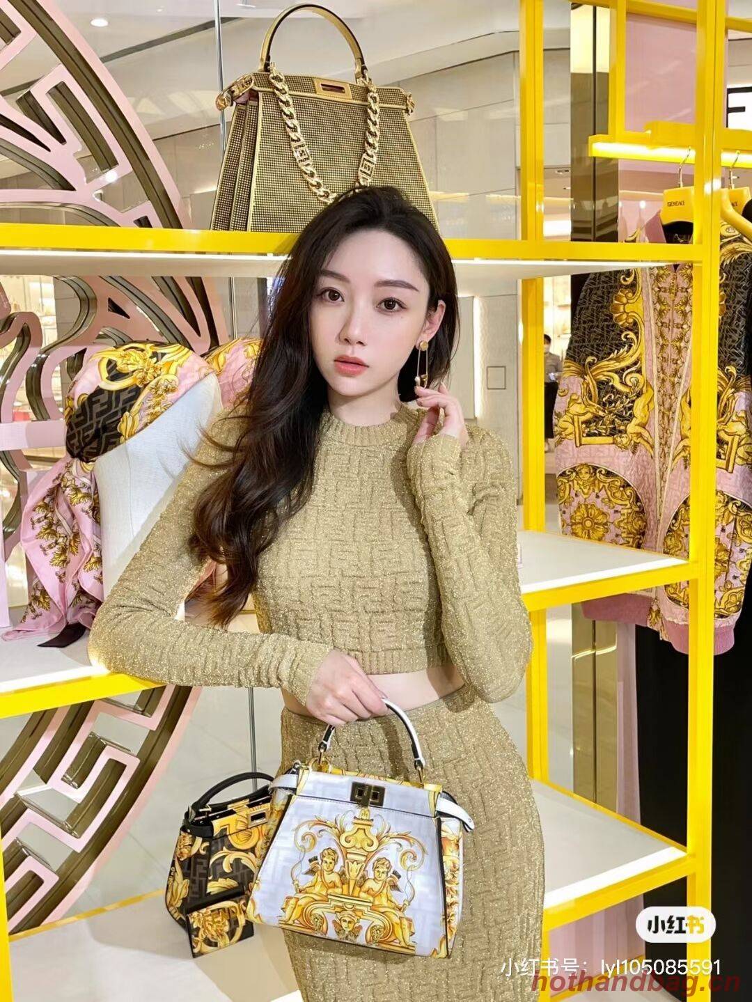 Fendi mini Peekaboo printed silk bag bag F1952 Beige Fendi mini Peekaboo printed silk bag bag F1952 Beige