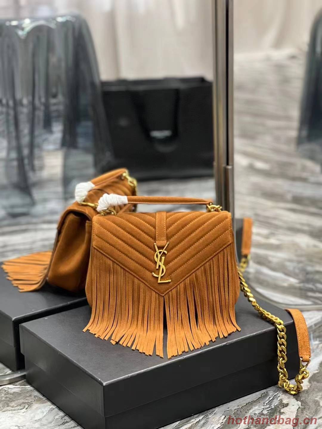 SAINT LAURENT COLLEGE MEDIUM CHAIN BAG IN LIGHT SUEDE WITH FRINGES 5317050 CINNAMON SAINT LAURENT COLLEGE MEDIUM CHAIN BAG IN LIGHT SUEDE WITH FRINGES 5317050 CINNAMON
