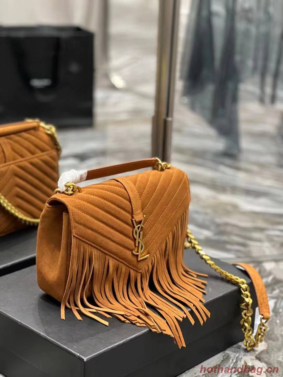 SAINT LAURENT COLLEGE MEDIUM CHAIN BAG IN LIGHT SUEDE WITH FRINGES 5317050 CINNAMON SAINT LAURENT COLLEGE MEDIUM CHAIN BAG IN LIGHT SUEDE WITH FRINGES 5317050 CINNAMON