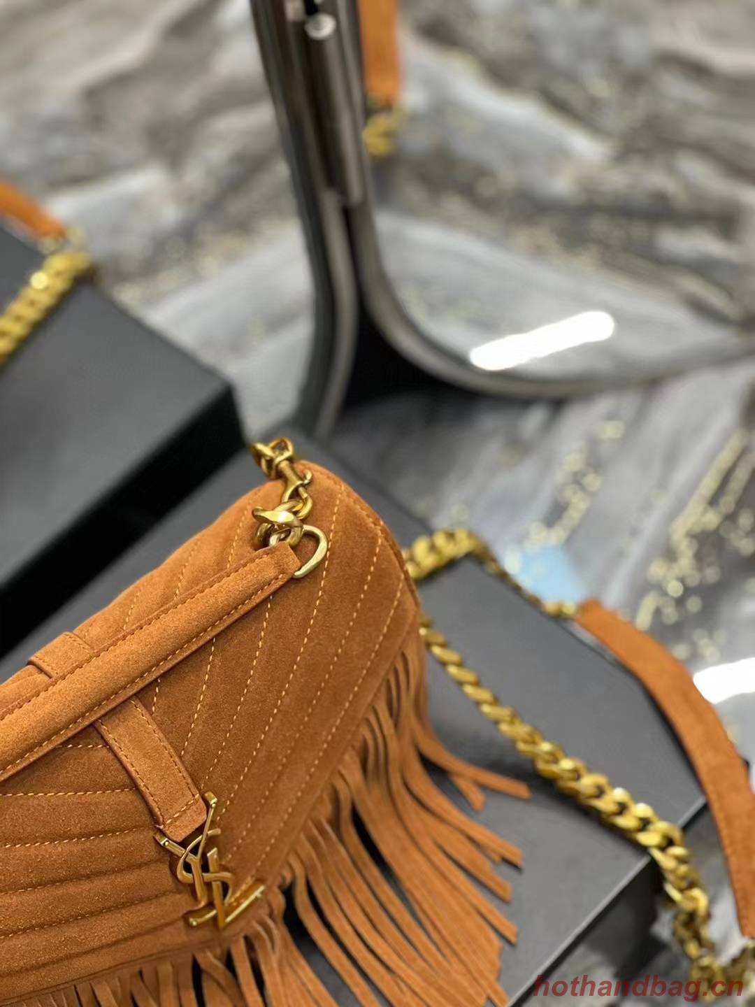 SAINT LAURENT COLLEGE MEDIUM CHAIN BAG IN LIGHT SUEDE WITH FRINGES 5317050 CINNAMON SAINT LAURENT COLLEGE MEDIUM CHAIN BAG IN LIGHT SUEDE WITH FRINGES 5317050 CINNAMON