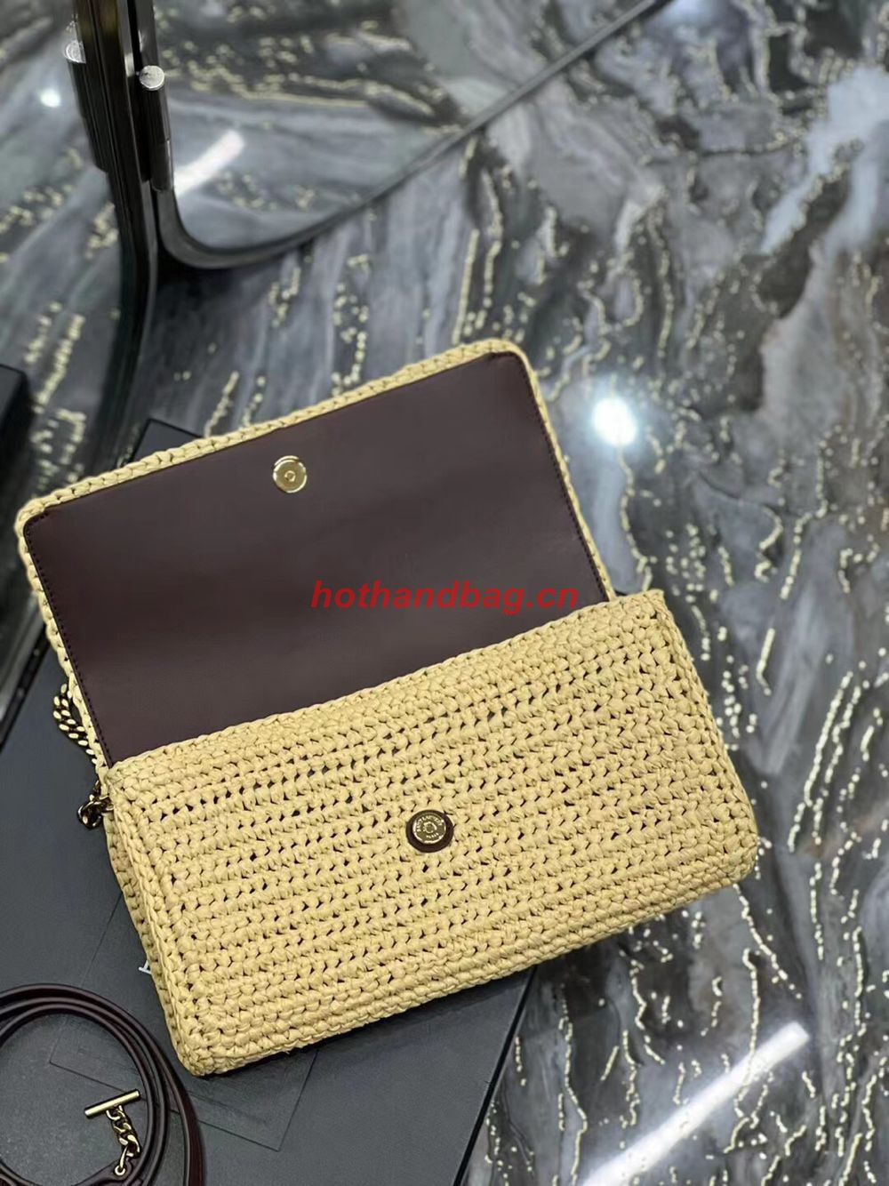 SAINT LAUREN KATE 99 CHAIN BAG WITH TASSEL IN RAFFIA Y664276 apricot SAINT LAUREN KATE 99 CHAIN BAG WITH TASSEL IN RAFFIA Y664276 apricot