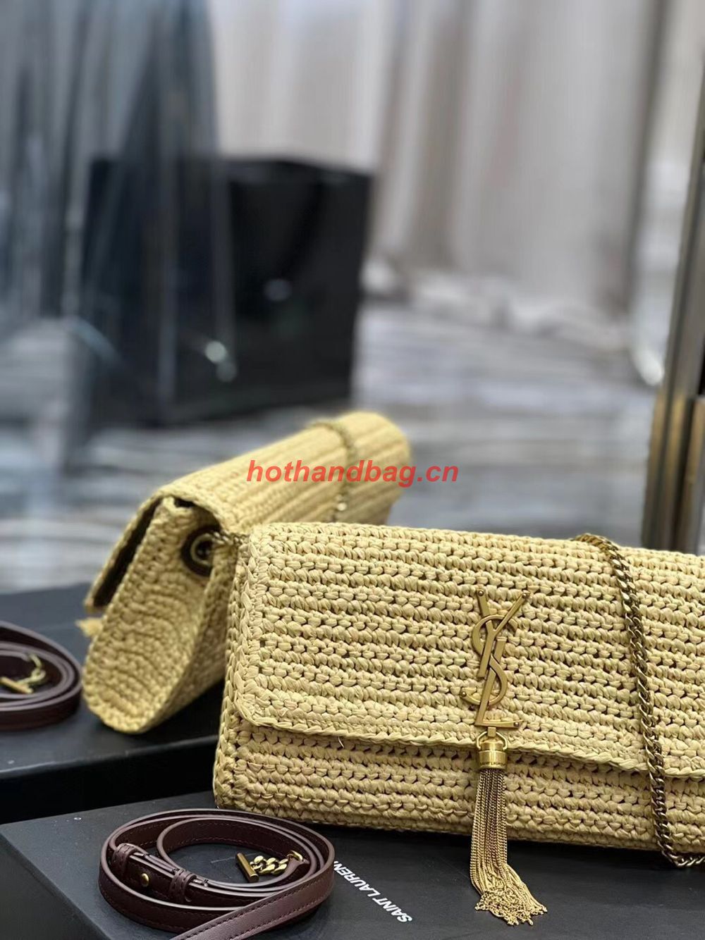 SAINT LAUREN KATE 99 CHAIN BAG WITH TASSEL IN RAFFIA Y664276 apricot SAINT LAUREN KATE 99 CHAIN BAG WITH TASSEL IN RAFFIA Y664276 apricot