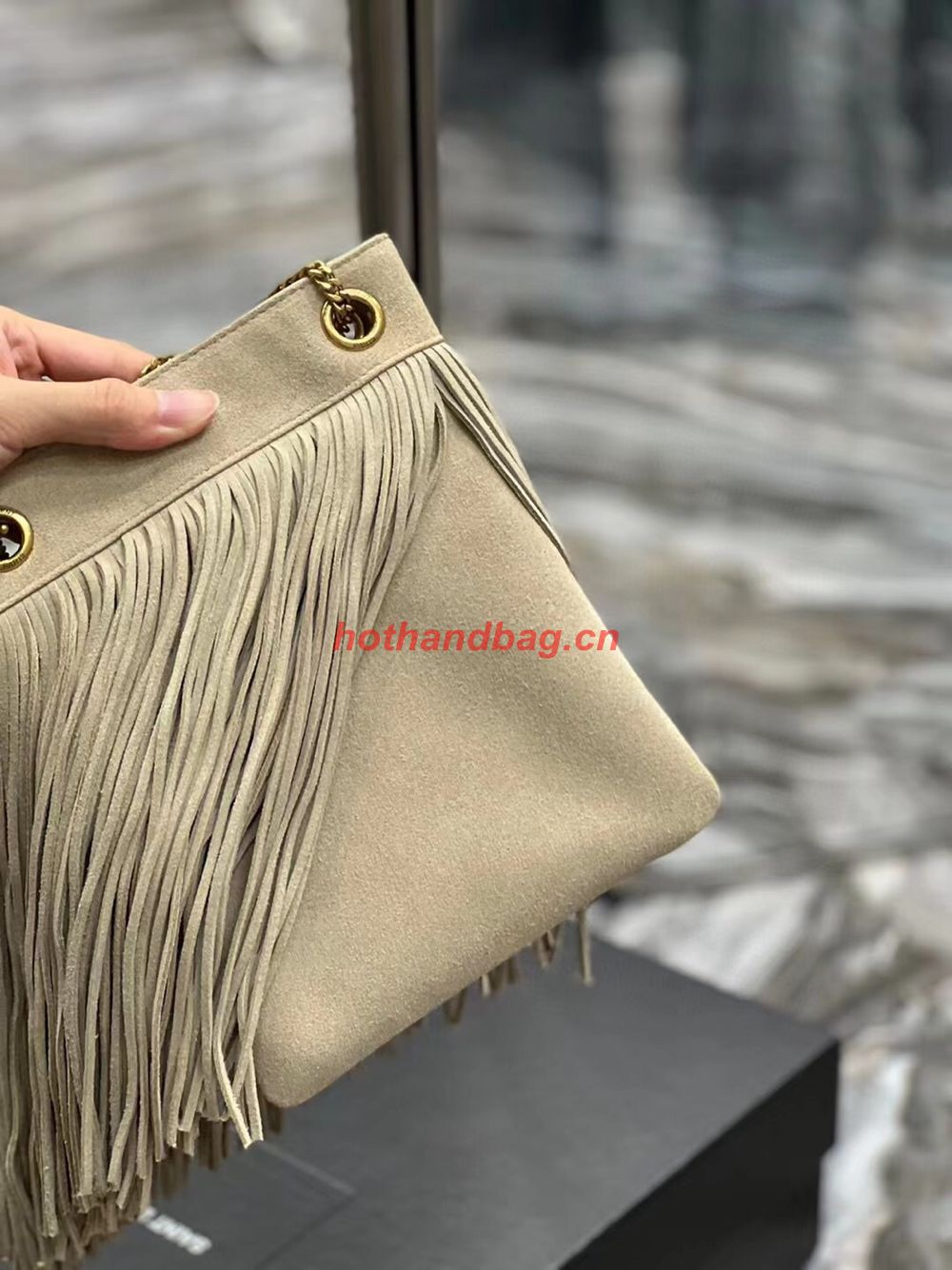 SAINT LAURENT SMALL CHAIN BAG IN LIGHT SUEDE WITH FRINGES 683378 GRAY SAINT LAURENT SMALL CHAIN BAG IN LIGHT SUEDE WITH FRINGES 683378 GRAY