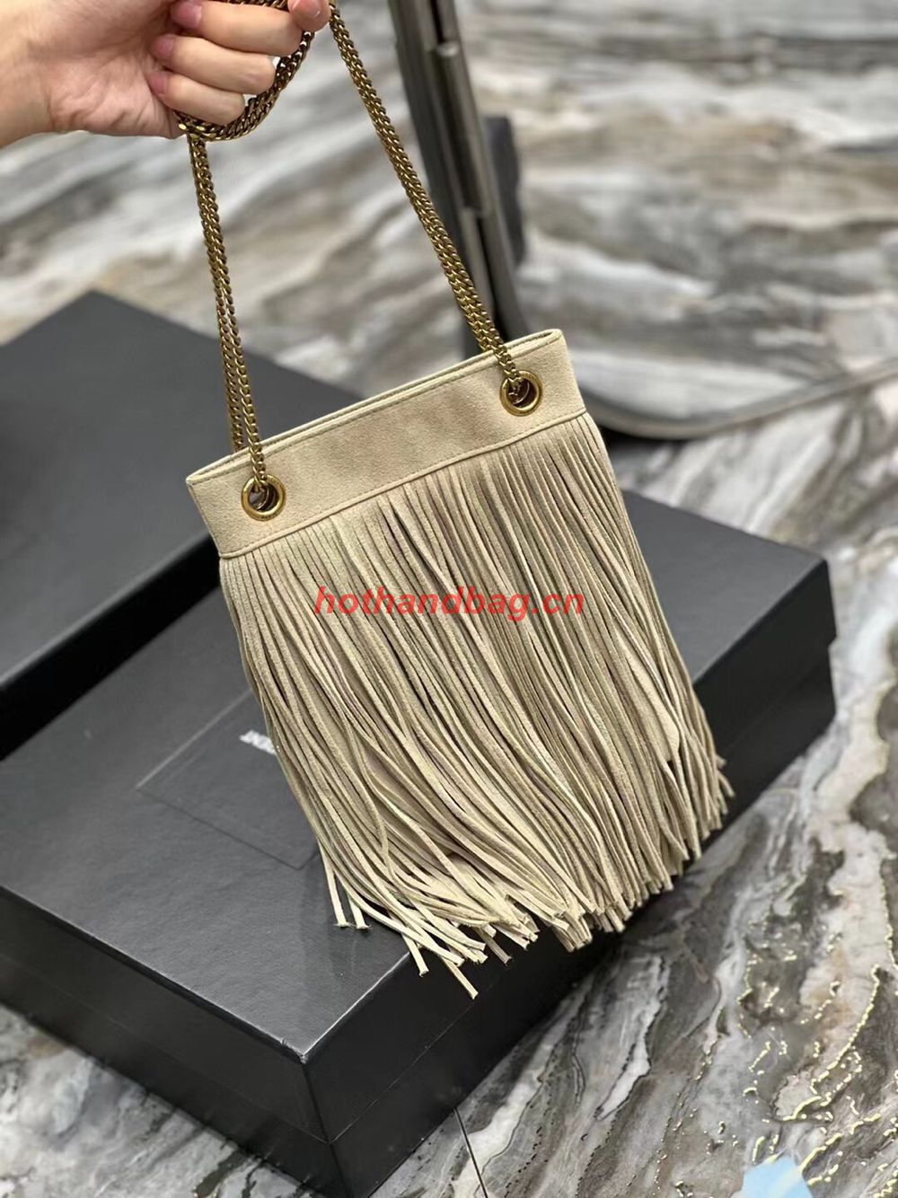 SAINT LAURENT SMALL CHAIN BAG IN LIGHT SUEDE WITH FRINGES 683378 GRAY SAINT LAURENT SMALL CHAIN BAG IN LIGHT SUEDE WITH FRINGES 683378 GRAY