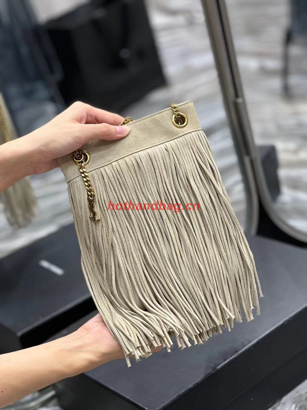 SAINT LAURENT SMALL CHAIN BAG IN LIGHT SUEDE WITH FRINGES 683378 GRAY SAINT LAURENT SMALL CHAIN BAG IN LIGHT SUEDE WITH FRINGES 683378 GRAY