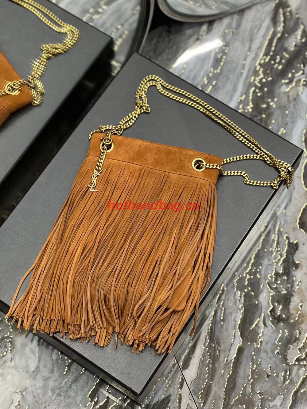 SAINT LAURENT SMALL CHAIN BAG IN LIGHT SUEDE WITH FRINGES 683378 brown