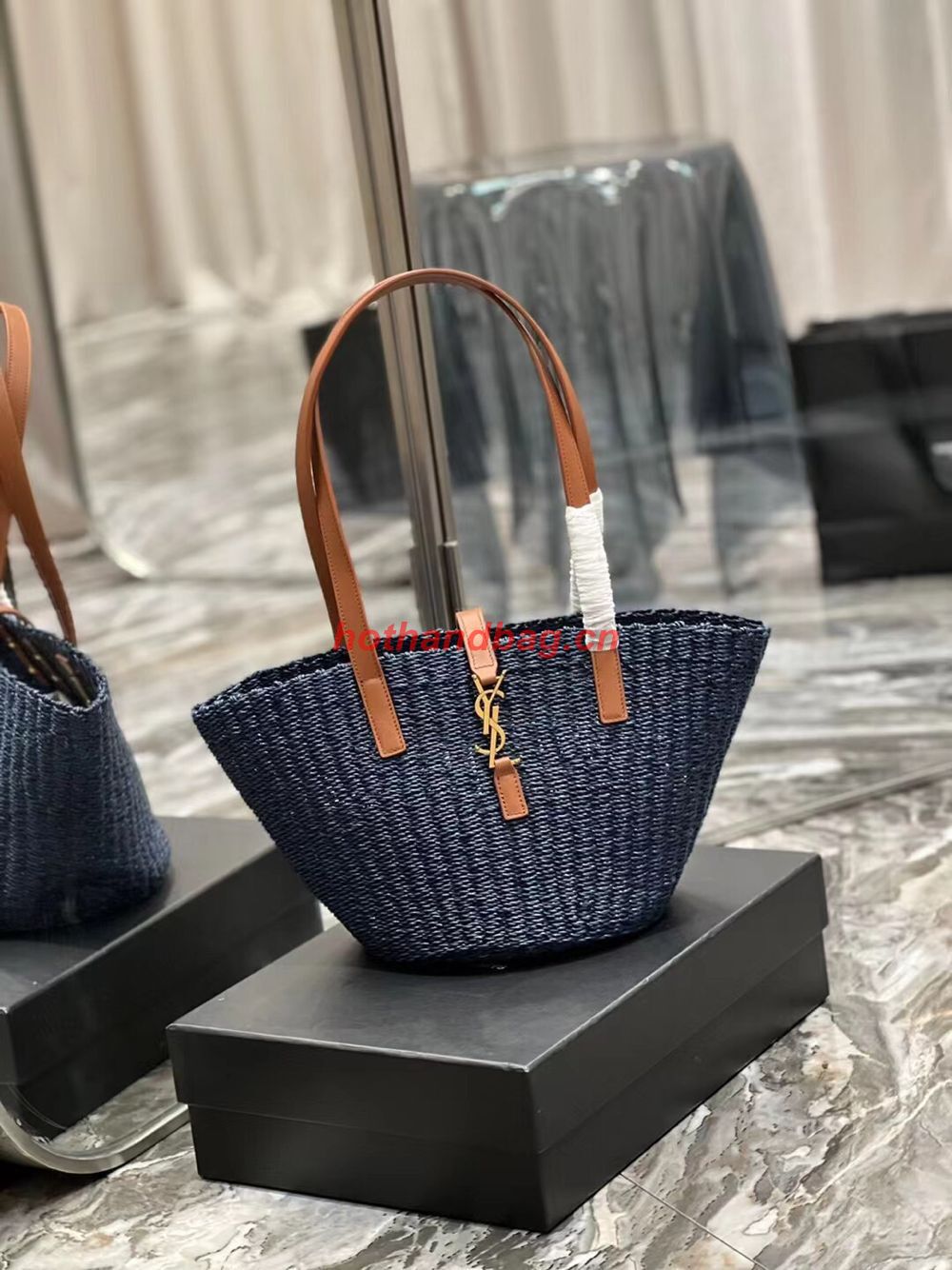 SAINT LAUREN PANIER SMALL BAG IN CROCHET RAFFIA AND SMOOTH LEATHER 685618 dark blue SAINT LAUREN PANIER SMALL BAG IN CROCHET RAFFIA AND SMOOTH LEATHER 685618 dark blue