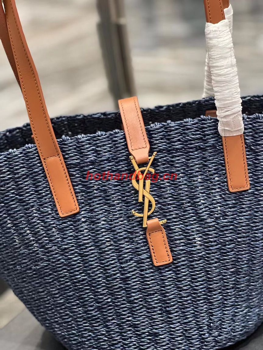 SAINT LAUREN PANIER SMALL BAG IN CROCHET RAFFIA AND SMOOTH LEATHER 685618 dark blue SAINT LAUREN PANIER SMALL BAG IN CROCHET RAFFIA AND SMOOTH LEATHER 685618 dark blue