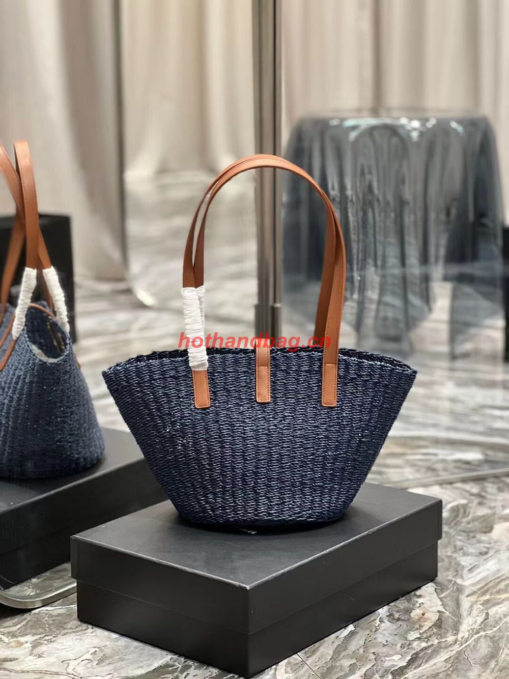 SAINT LAUREN PANIER SMALL BAG IN CROCHET RAFFIA AND SMOOTH LEATHER 685618 dark blue SAINT LAUREN PANIER SMALL BAG IN CROCHET RAFFIA AND SMOOTH LEATHER 685618 dark blue
