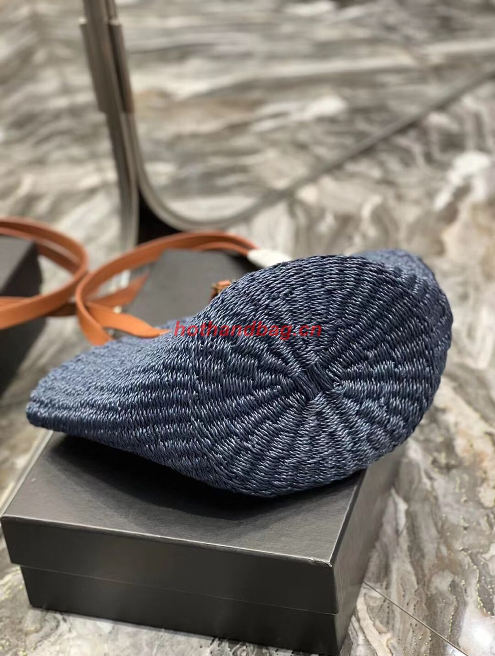 SAINT LAUREN PANIER SMALL BAG IN CROCHET RAFFIA AND SMOOTH LEATHER 685618 dark blue SAINT LAUREN PANIER SMALL BAG IN CROCHET RAFFIA AND SMOOTH LEATHER 685618 dark blue