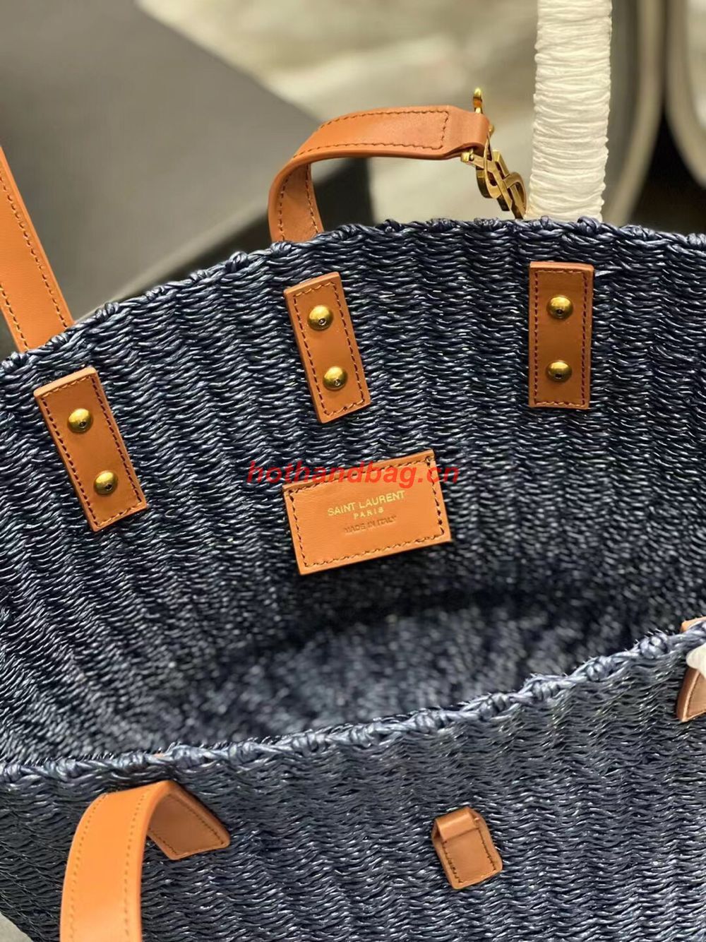 SAINT LAUREN PANIER SMALL BAG IN CROCHET RAFFIA AND SMOOTH LEATHER 685618 dark blue SAINT LAUREN PANIER SMALL BAG IN CROCHET RAFFIA AND SMOOTH LEATHER 685618 dark blue