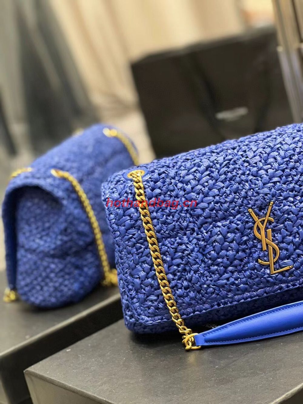 SAINT LAURENT JAMIE MEDIUM CHAIN BAG CARRE RIVE GAUCHE IN CROCHET RAFFIA AND SMOOTH LEATHER 515821 BLUE SAINT LAURENT JAMIE MEDIUM CHAIN BAG CARRE RIVE GAUCHE IN CROCHET RAFFIA AND SMOOTH LEATHER 515821 BLUE