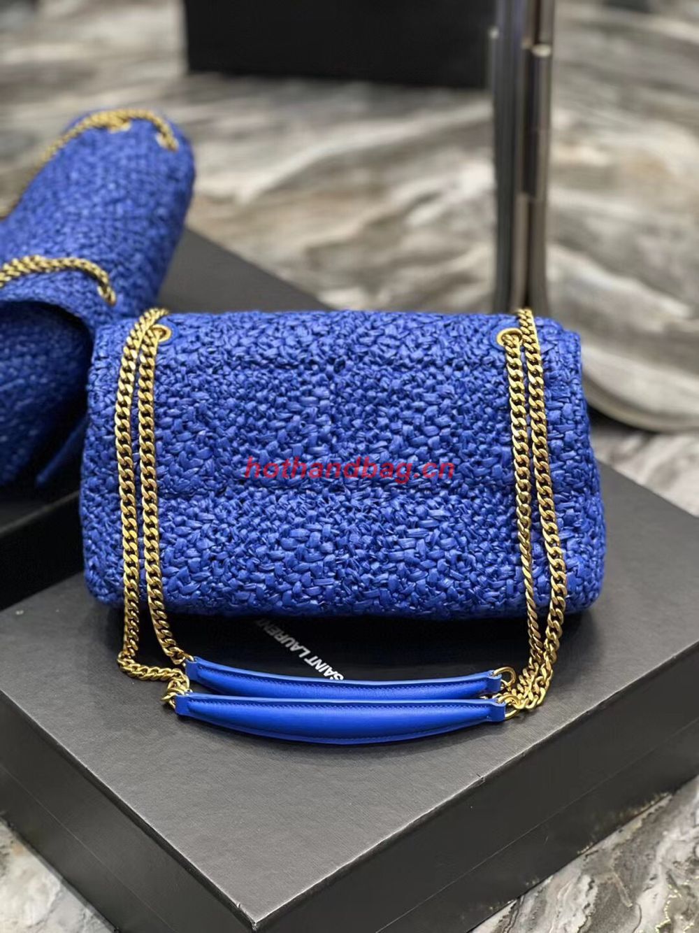 SAINT LAURENT JAMIE MEDIUM CHAIN BAG CARRE RIVE GAUCHE IN CROCHET RAFFIA AND SMOOTH LEATHER 515821 BLUE SAINT LAURENT JAMIE MEDIUM CHAIN BAG CARRE RIVE GAUCHE IN CROCHET RAFFIA AND SMOOTH LEATHER 515821 BLUE