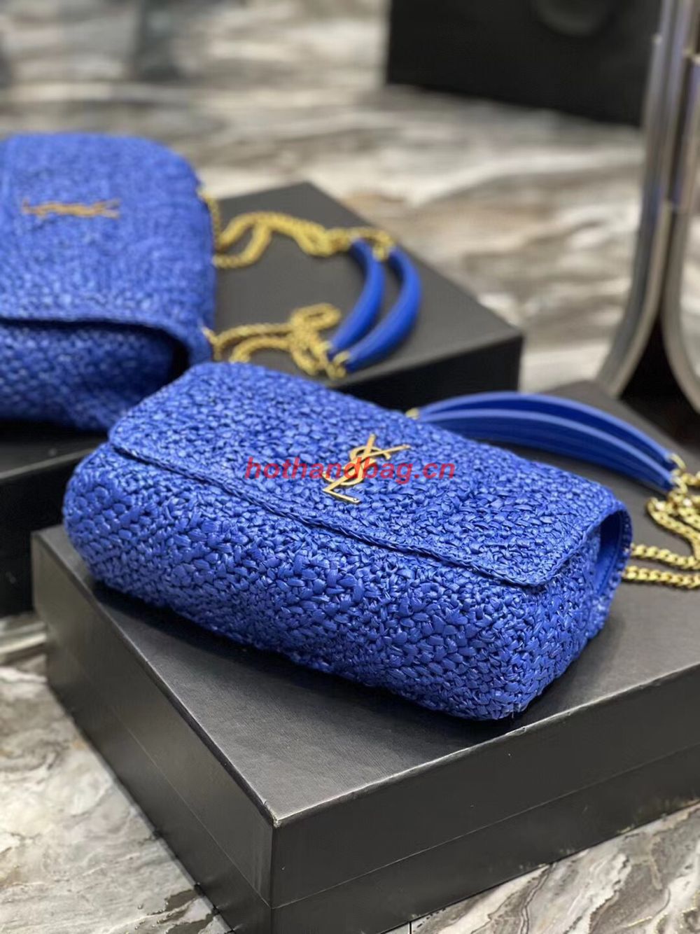 SAINT LAURENT JAMIE MEDIUM CHAIN BAG CARRE RIVE GAUCHE IN CROCHET RAFFIA AND SMOOTH LEATHER 515821 BLUE SAINT LAURENT JAMIE MEDIUM CHAIN BAG CARRE RIVE GAUCHE IN CROCHET RAFFIA AND SMOOTH LEATHER 515821 BLUE