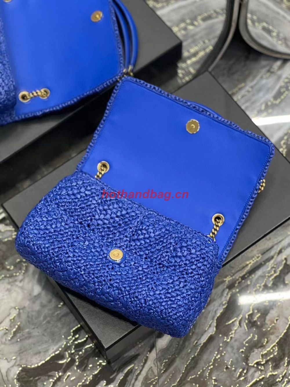 SAINT LAURENT JAMIE MEDIUM CHAIN BAG CARRE RIVE GAUCHE IN CROCHET RAFFIA AND SMOOTH LEATHER 515821 BLUE SAINT LAURENT JAMIE MEDIUM CHAIN BAG CARRE RIVE GAUCHE IN CROCHET RAFFIA AND SMOOTH LEATHER 515821 BLUE