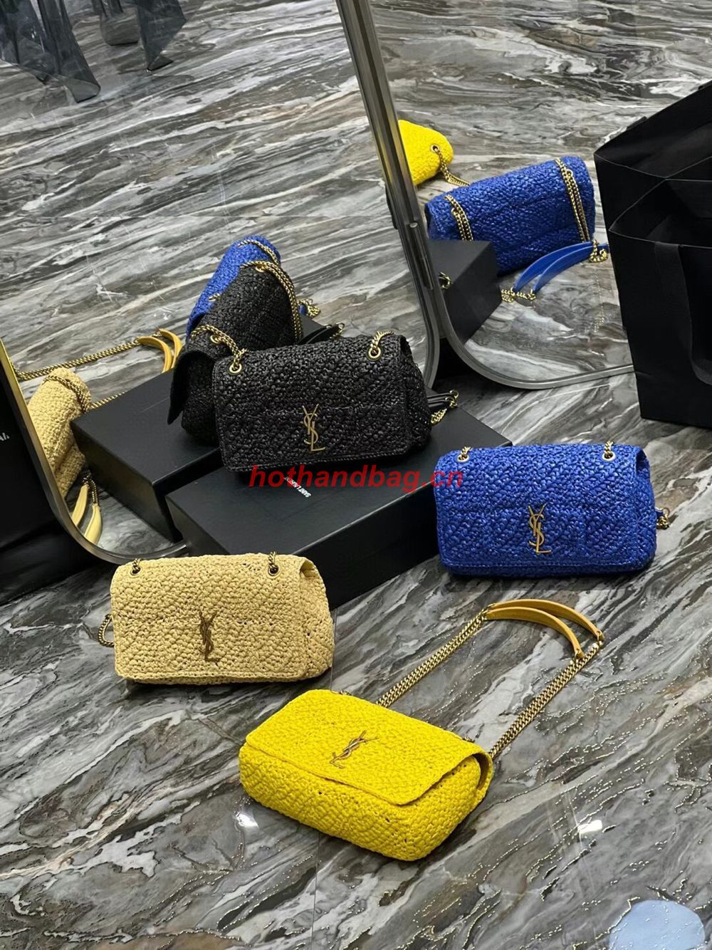 SAINT LAURENT JAMIE MEDIUM CHAIN BAG CARRE RIVE GAUCHE IN CROCHET RAFFIA AND SMOOTH LEATHER 515821 BLUE SAINT LAURENT JAMIE MEDIUM CHAIN BAG CARRE RIVE GAUCHE IN CROCHET RAFFIA AND SMOOTH LEATHER 515821 BLUE