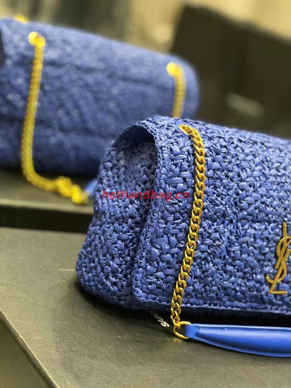 SAINT LAURENT JAMIE MEDIUM CHAIN BAG CARRE RIVE GAUCHE IN CROCHET RAFFIA AND SMOOTH LEATHER 515821 BLUE SAINT LAURENT JAMIE MEDIUM CHAIN BAG CARRE RIVE GAUCHE IN CROCHET RAFFIA AND SMOOTH LEATHER 515821 BLUE