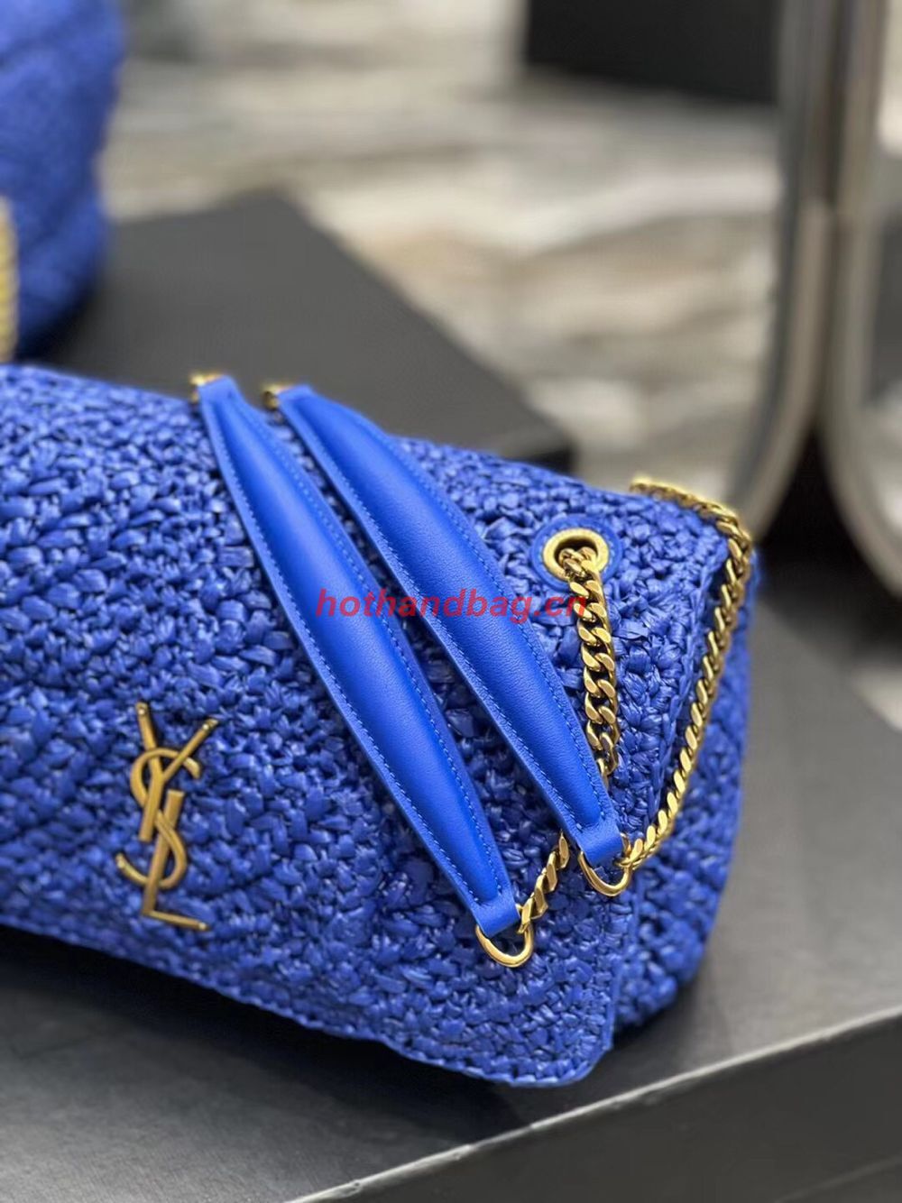 SAINT LAURENT JAMIE MEDIUM CHAIN BAG CARRE RIVE GAUCHE IN CROCHET RAFFIA AND SMOOTH LEATHER 515821 BLUE SAINT LAURENT JAMIE MEDIUM CHAIN BAG CARRE RIVE GAUCHE IN CROCHET RAFFIA AND SMOOTH LEATHER 515821 BLUE